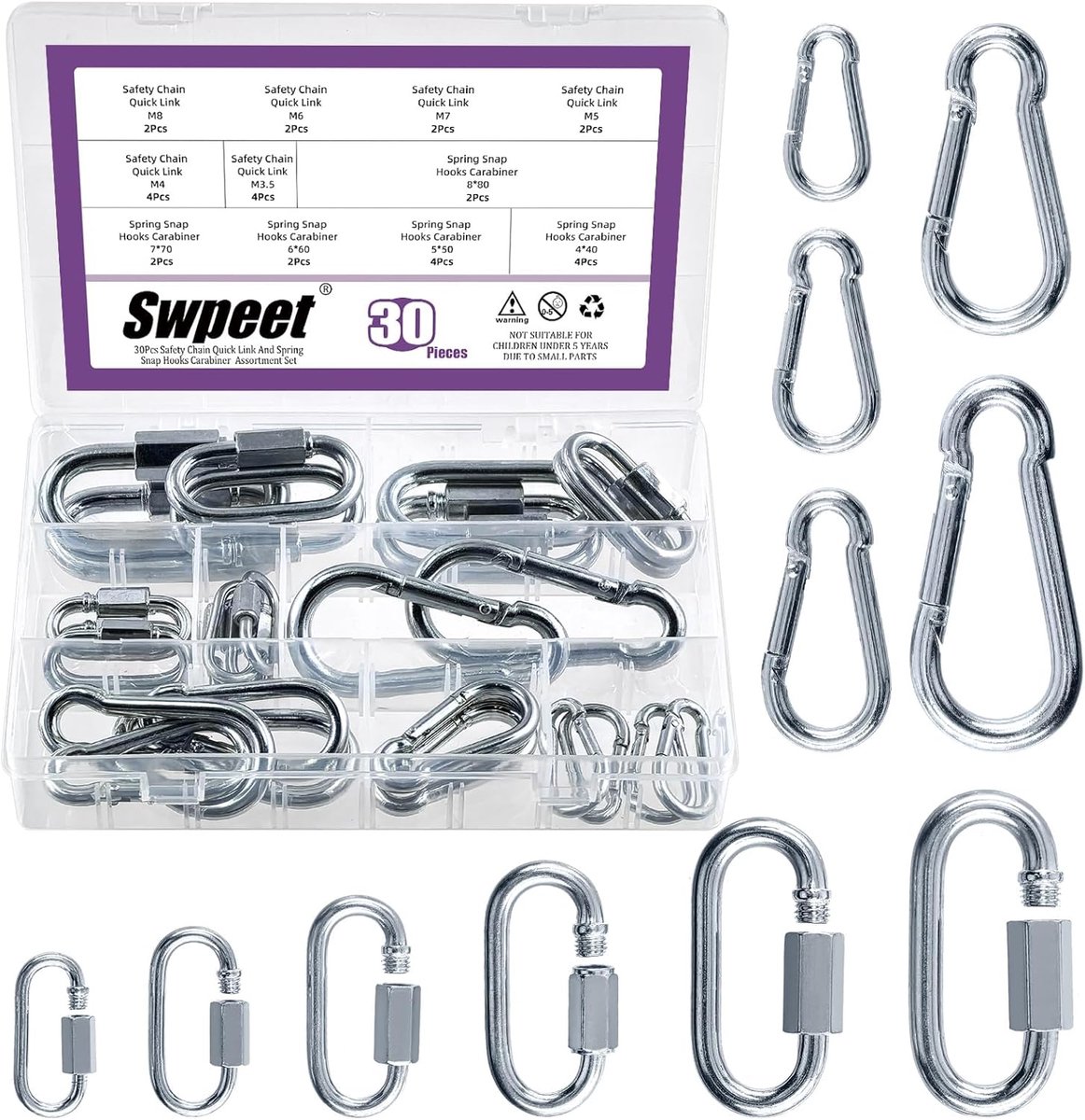 Koppelset Kettingschakels - Schakelkoppelingen Karabijn Haken - Veilig Verbinding Maken - Robuust Gegalvaniseerd Staal - 30 Delig Assortiment - Zilverkleurig