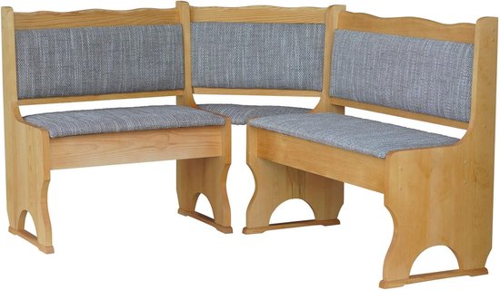 Houten hoekbank met grijze stof bekleding. De bank is opgebouwd uit twee zitgedeelten met rugleuning.