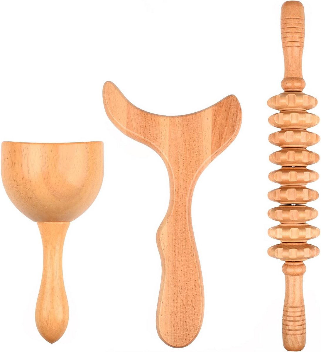 Houten Massage Set - Lichaamsroller - Ontspanning Spieren - 3 Delig - 630 g - Houtkleur