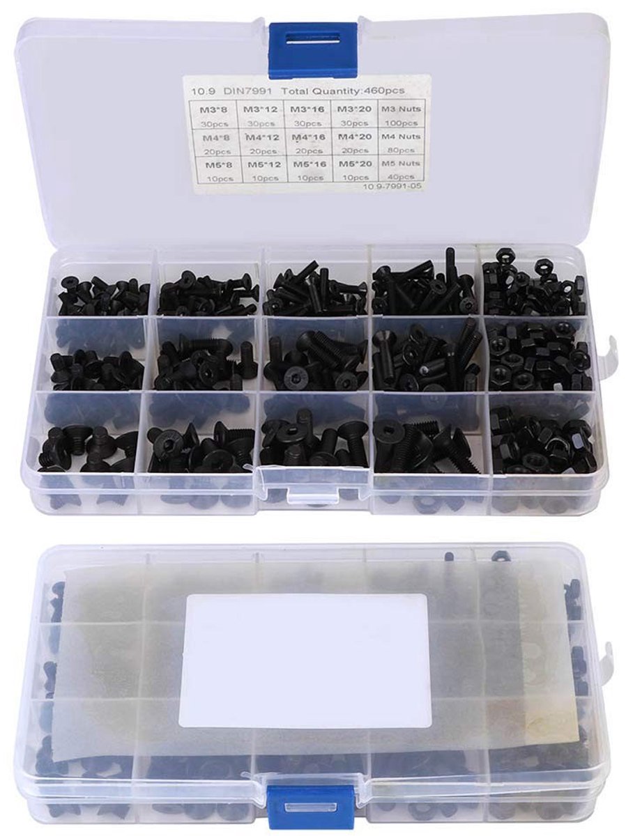 Dailygoods- Schroeven Set 460 Stks - Inbusbouten M3/M4/M5 - Koolstofstaal - Platte Kop - Moeren - Doosverpakking - Boutenset