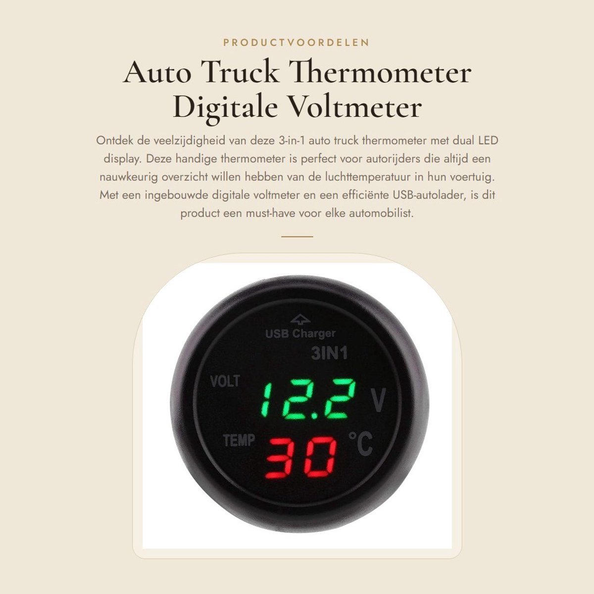 Dailygoods - Auto Truck Thermometer - Digitale Voltmeter - USB Autolader - Groen - Thermometer voor Comfort - Ideaal voor Auto's - Compact Model