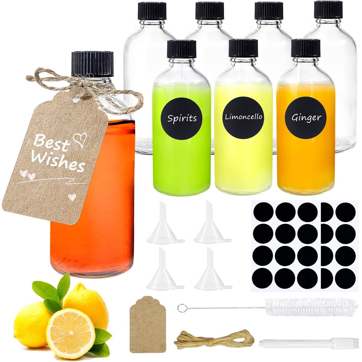 Dailygoods- Shotflesjes 100ml - 8 Stuks - Glazen Flessen met Schroefdop - Inclusief Trechters en Etiketten - Duurzaam en Vaatwasserbestendig - Luchtdicht