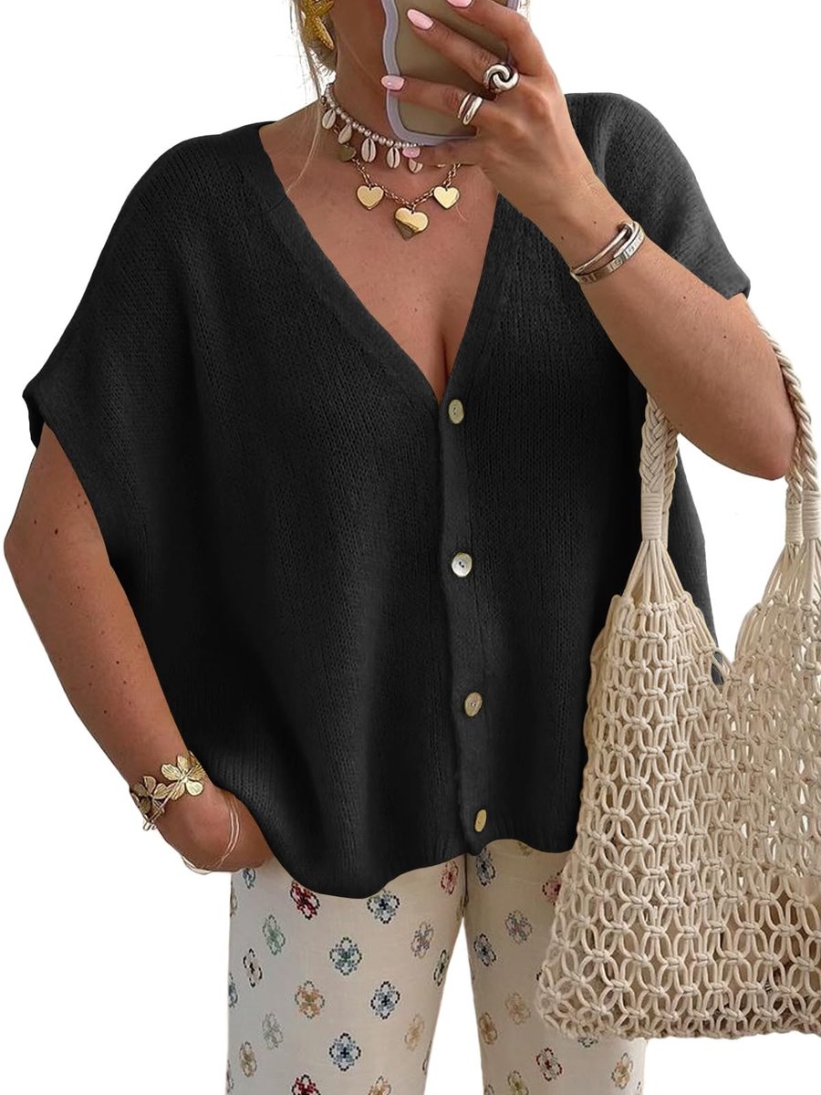 Dailygoods- Gebreid Vest - Korte Mouwen V-hals - Oversized - Vleermuismouwen - Casual Stijl - Ademend en Duurzaam Materiaal - Cardigan