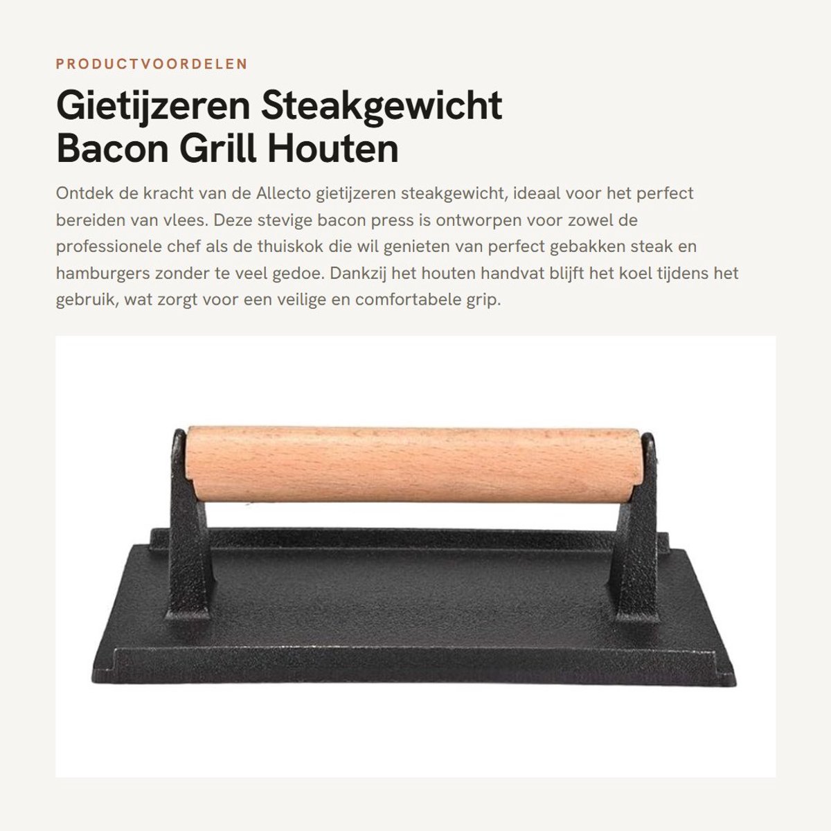Dailygoods- Biefstukgewicht Gietijzer - Heavy Duty Steakpers - Houten Handvat - Ideaal voor Hamburgers - Sneller Koken zonder Krullen - Afmetingen 20,5x10,5x7cm