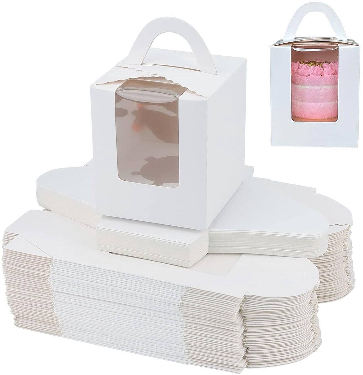 Dailygoods- Cupcake-dozen 50 stuks - Witte Bakkerijdozen - Kraftpapier - Met Venster - Handvat - 9,2 x 9,2 x 11 cm - Taartdozen