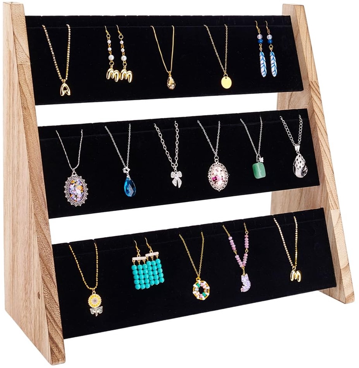 Dailygoods- Sieraden Display 3-laags - Houten Houder - Zwart Fluweel - Grote Capaciteit - Tot 72 Kettingen - 40,5 cm x 36,5 cm x 16,2 cm - Kettinghouder