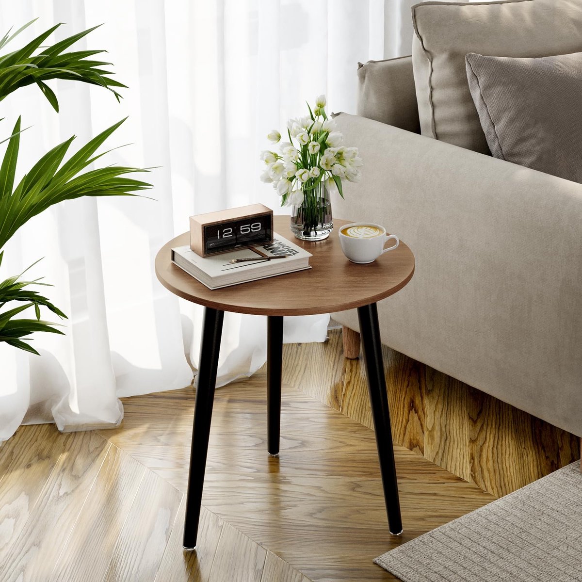 Dailygoods- Bijzettafel Rond Hout - Scandinavische Stijl - 42 cm Diameter - 51 cm Hoogte - Antislip Pads - 20 kg Belastbaar - Salontafel