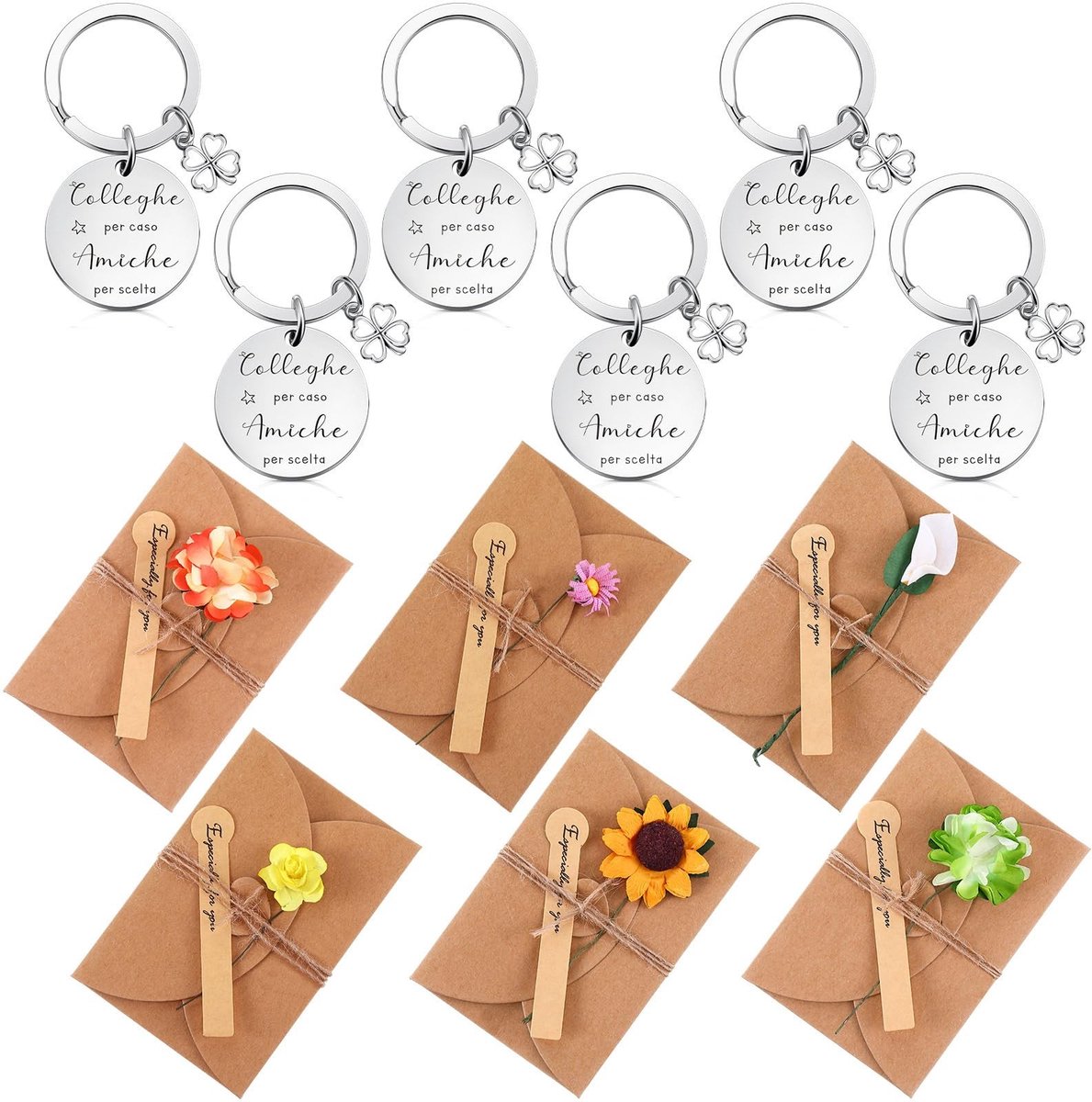 Dailygoods- Cadeauset Vriendschap - Sleutelhanger van Roestvrij Staal - Envelop met Gedroogde Bloemen - Verjaardagscadeaus - Attent Geschenk - Zwart Kraftpapier - Geschenken