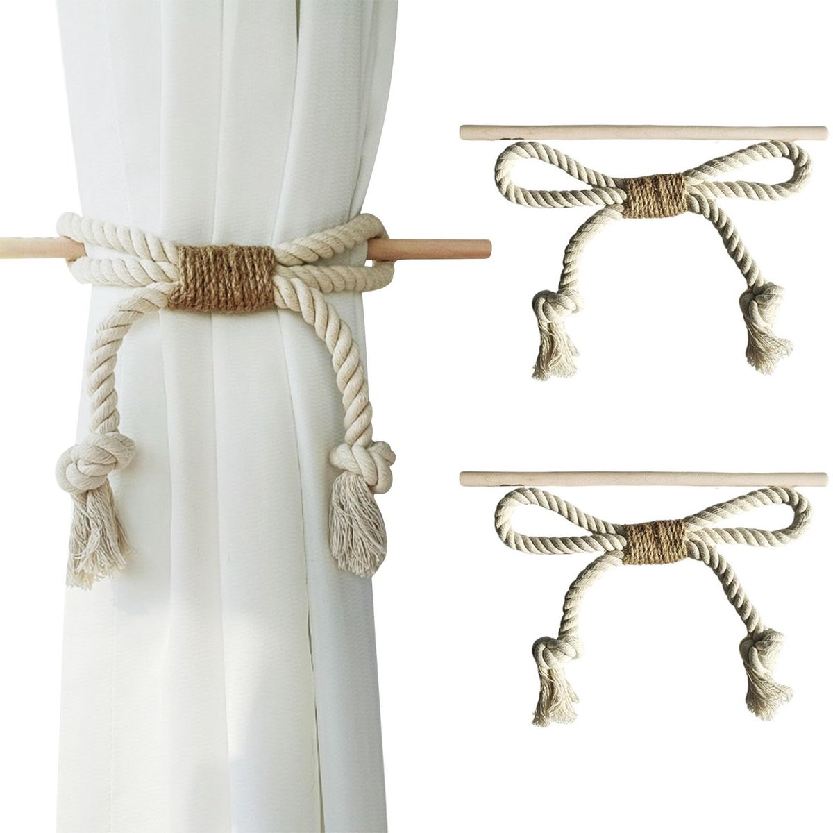 Dailygoods- Gordijnhouder 2 Stuks - Boho Embrasses - Handgebreid - Decoratief met Houten Beslag - Voor Thuis/Kantoor - Voorkomt Fladderen - Gordijnembrasse