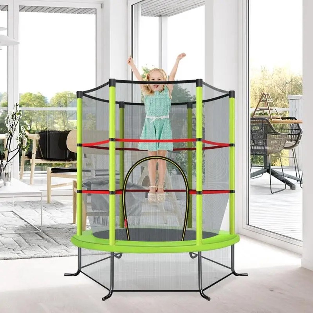 Dailygoods Ø140cm tuintrampoline met veiligheidsnet, trampoline tot 135KG draagvermogen voor kinderen vanaf 3 jaar, groe