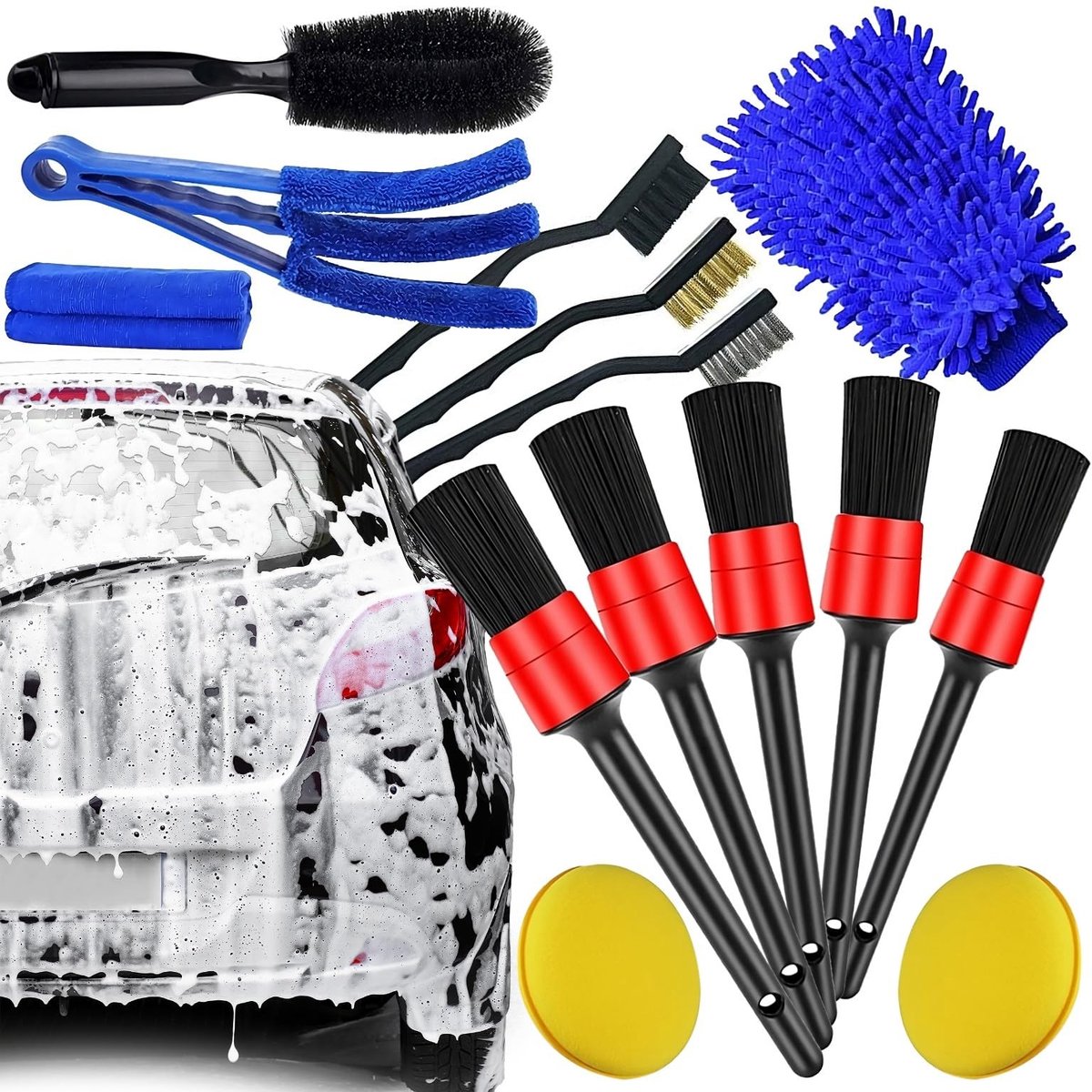 Dailygoods- Autopoetsset 15-delig - Auto Reinigingsborstels - Velgenborstel - Microvezeldoeken - Sponges - Detailborstels - Autopoetsproducten