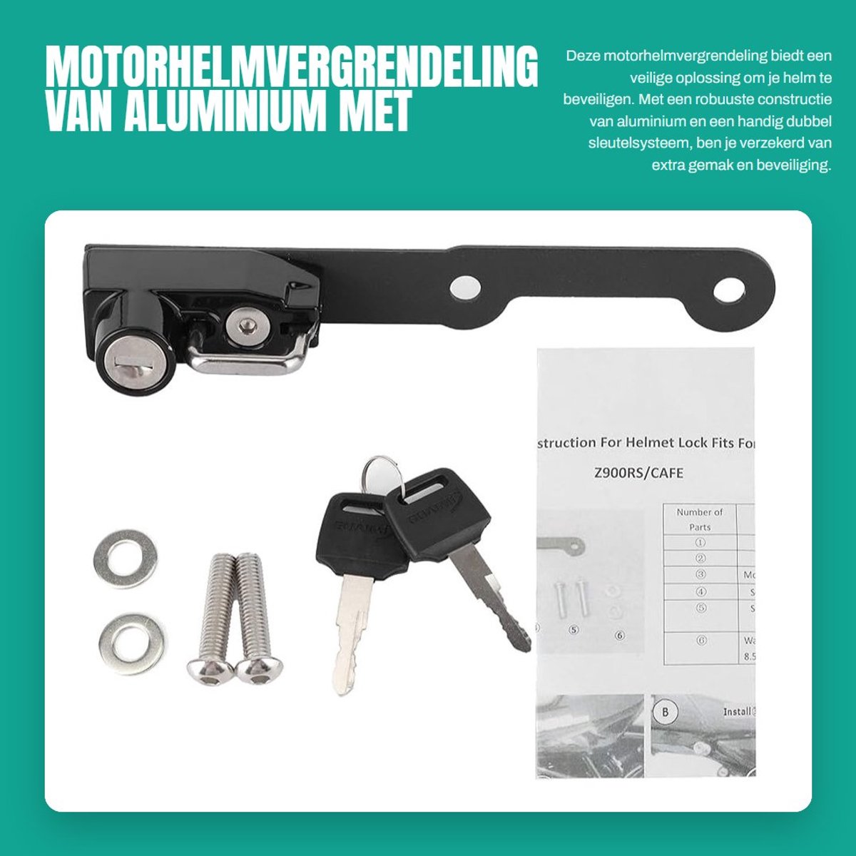 Dailygoods- Motorhelmvergrendeling Antidiefstal - Aluminium Legering - Dubbel Sleutelsysteem - Geschikt voor Z900RS/Cafe - Compact en Lichtgewicht - 18,5x4,3 Cm - Helmslot