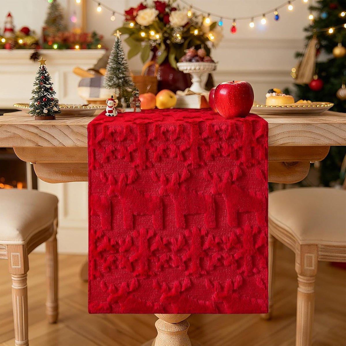 Luxe Fluwwelen Tafelloper Kerst Rood met Sneeuwvlokken en Elanden - 40x180 cm