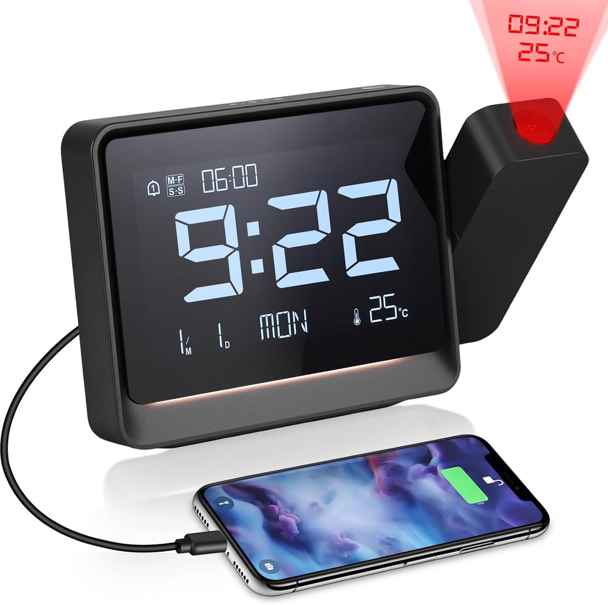 Digitale Projectiewekker - Wekker met Projectie - Wakker Worden - Met USB Opladen - 137 cm - Zwart