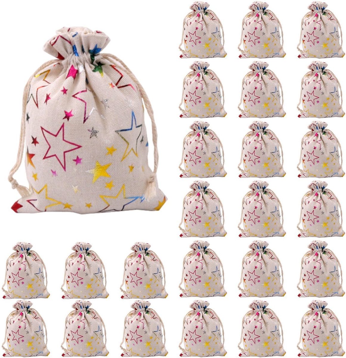 Dailygoods- Sterzakjes 25 stuks - Katoenen Geschenktas - Veelkleurig - Creatieve Verpakking - Opbergzakken - Uniek Sterrenpatroon - Geschenkzakjes