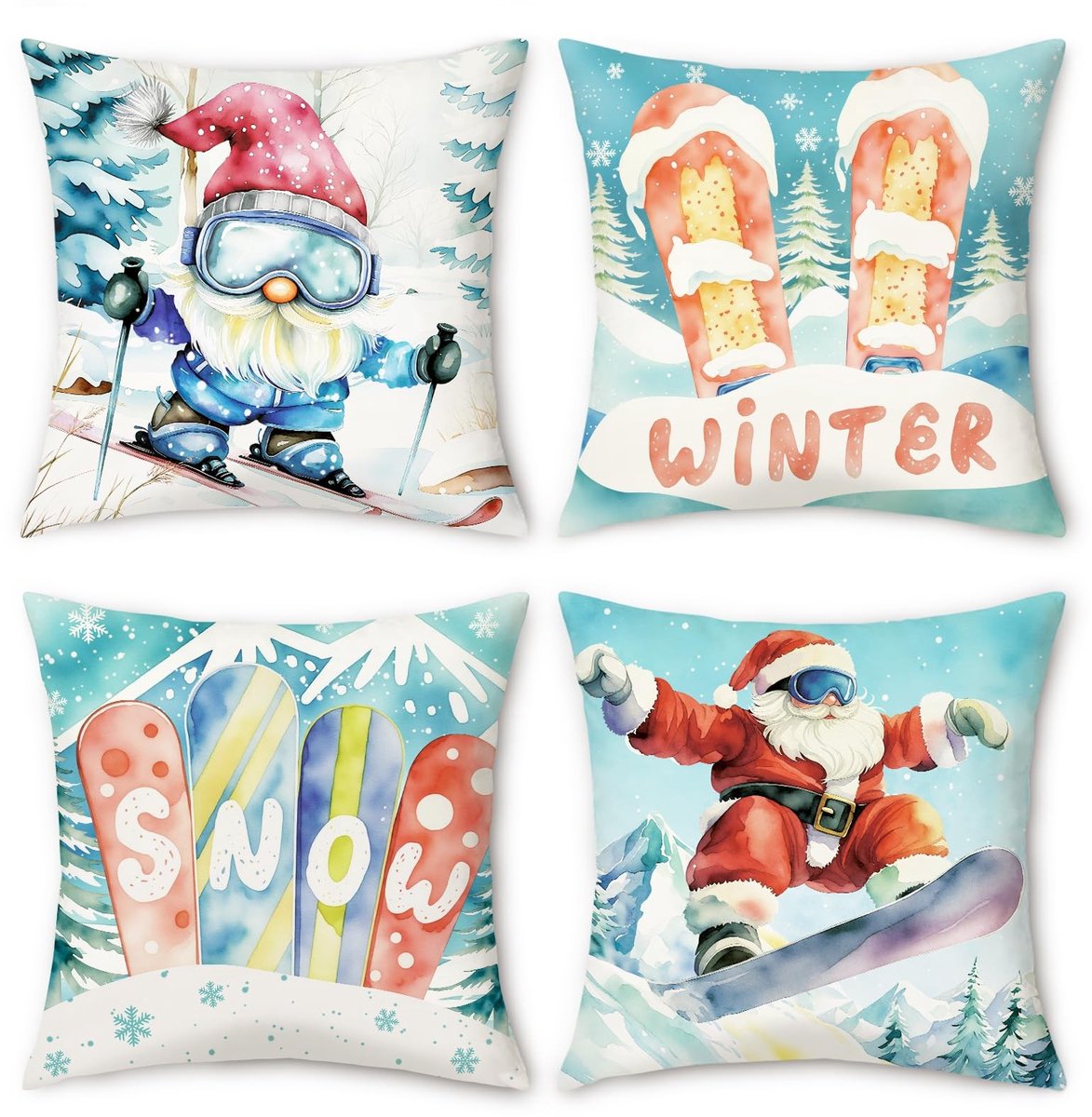 Dailygoods- Kussenslopen Set van 4 - Fluwelen Kussenslopen - Kerstdecoratie - Wintersport Motief - Verstevigde Rits - Ultiem Comfort - Kussenhoezen