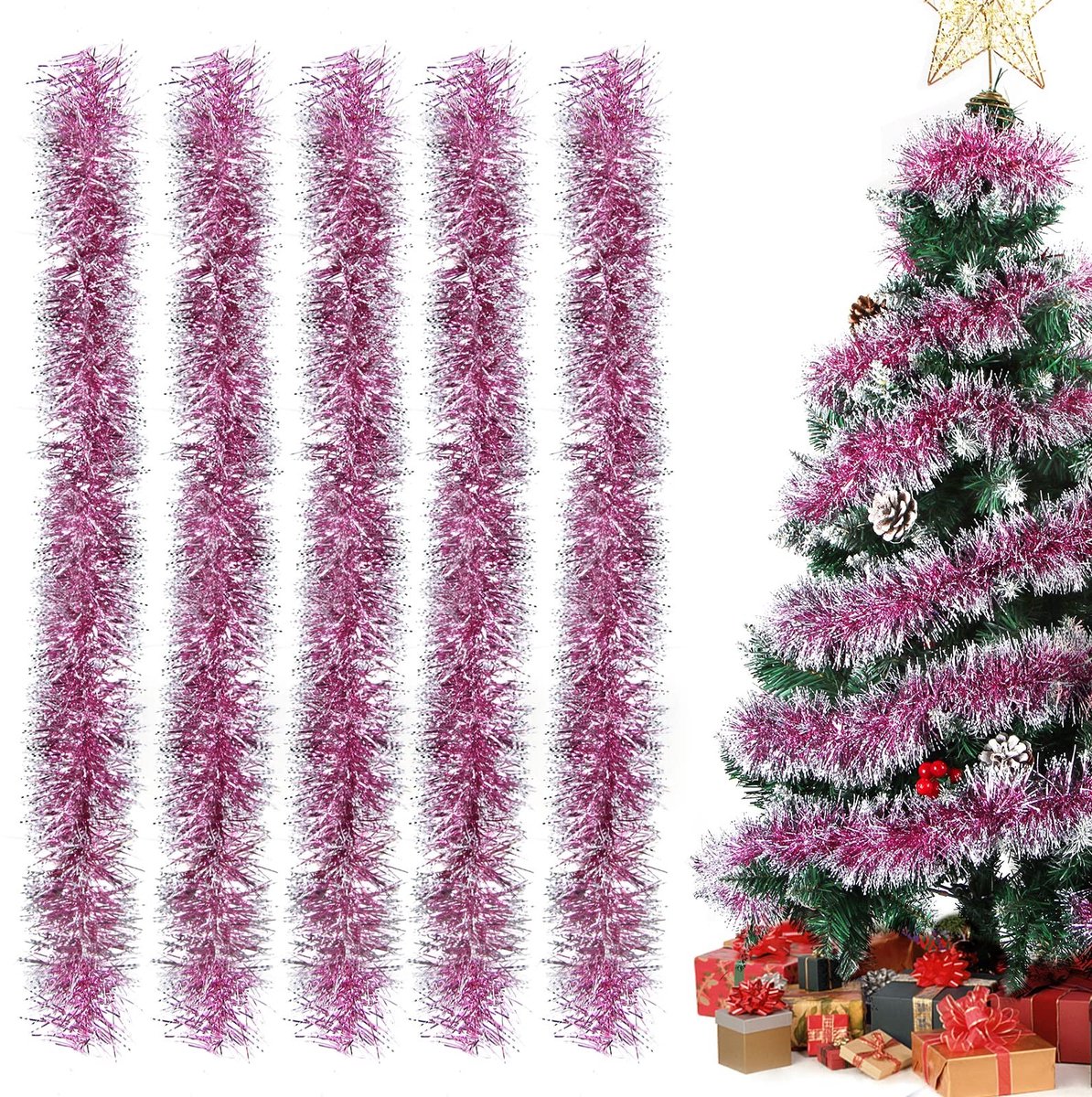 Dailygoods- Kerstslinger glanzend - Roze - 5 Stuks - Kerstdecoratie - Lamettaslinger - Veiligheidswaarschuwing: ontvlambaar - Kerstversiering
