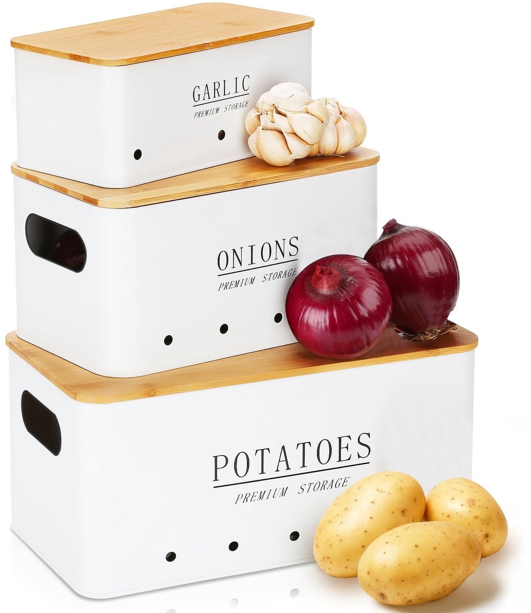 Dailygoods- Aardappelrek met Ventilatiegaten - Opbergbox voor Uien - Opbergbox voor Knoflook - Set met 3 Containers - Retro Design - 33x18x15.5cm - Opslagbox