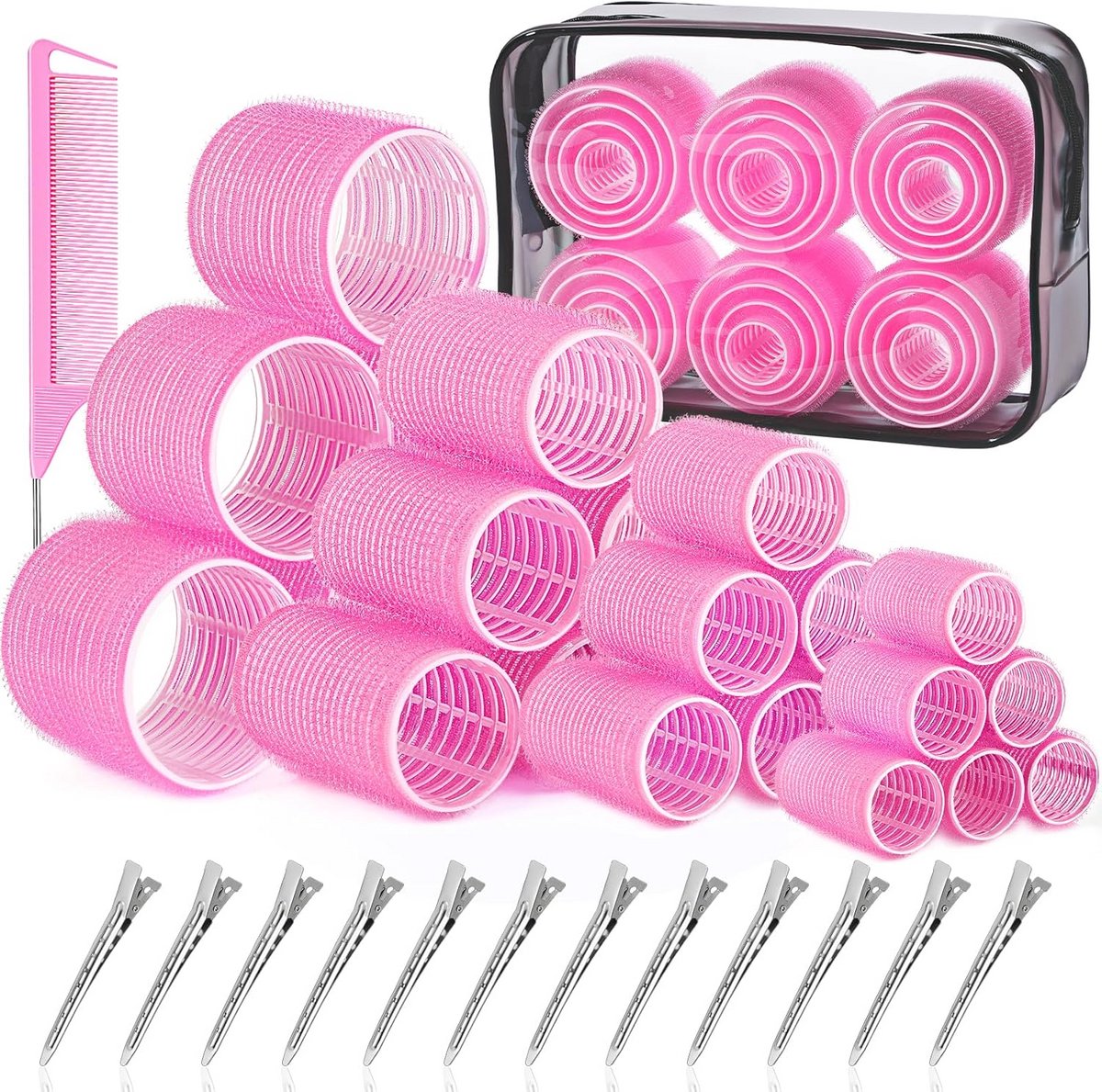 Haarkrulspelden Set - Haarrollers Krullen - Haar Stijlen - Zelfgrip Nylon Materiaal - 4 Maten 24 Stuks - Transparant
