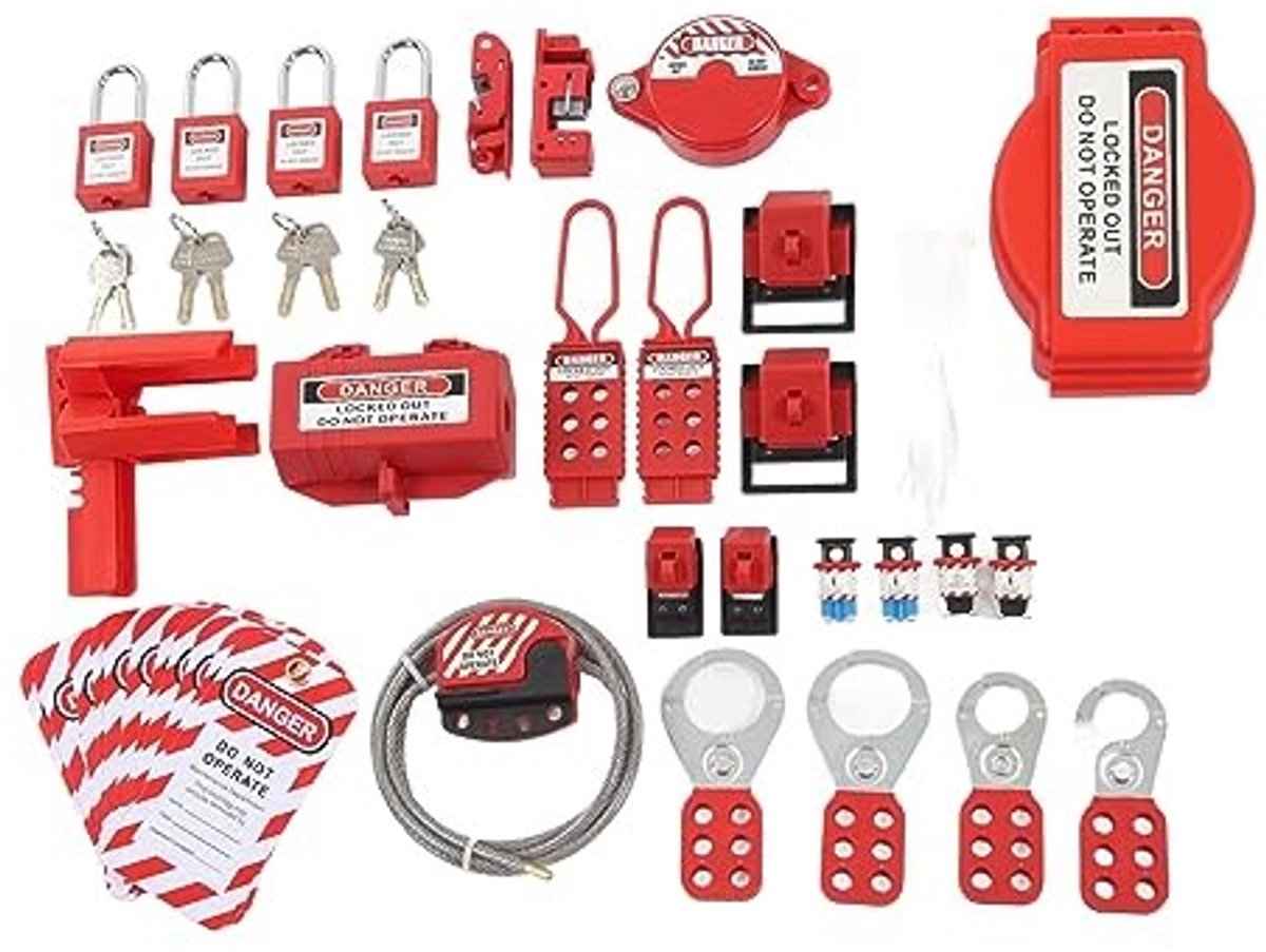 Dailygoods- Hangsloten Set van 47 Stuks - Lockout Tagout Kit - ABS Behuizing - Roestvrijstalen Vergrendeling - Veiligheidsgordijnsloten - Verstelbare Schuifregelaar - Slotset