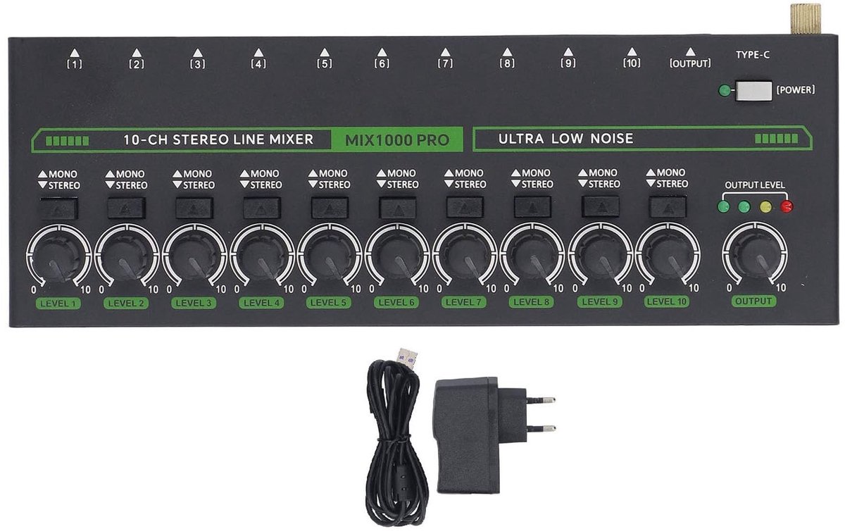 Dailygoods- Audiomixer 10-kanaals - Stereo/Mono-schakeling - Onafhankelijke volumeregeling - Flexibele configuratie - Geschikt voor podiumopnames - Menging van tot 100 signalen - Mengpaneel