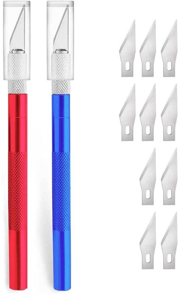 Dailygoods- Precisiemes 2-delig - Scalpelset met 30 reservemesjes - Lichtgewicht aluminium handgreep - Antislip handvat - Veiligheidskap en messenbox - Ideaal voor kunst en modellen - Snijmes