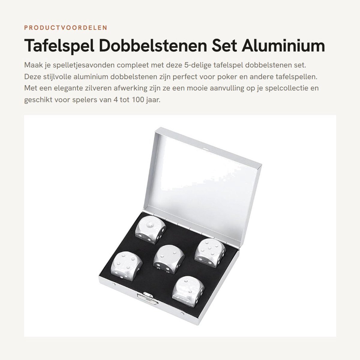 Dailygoods- Dobbelstenen Set 5-delig - Aluminium Tafelspel - Opbergdoos - Tafelspellen - Goud/Zilver - 1,6 cm groot - Speelgoed