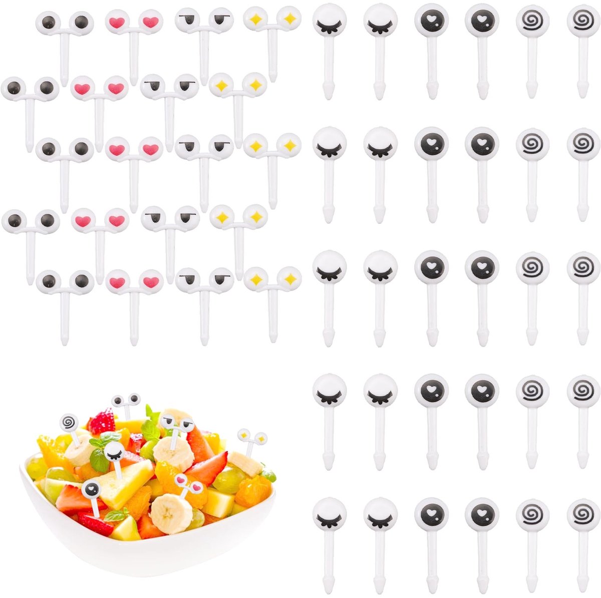 Dailygoods- Fruitvork 100 Stuks - Kunststof - Mini-Ogen - Schattige Voedselprikkers - Herbruikbaar - Stimuleert Eetinteresse Kinderen