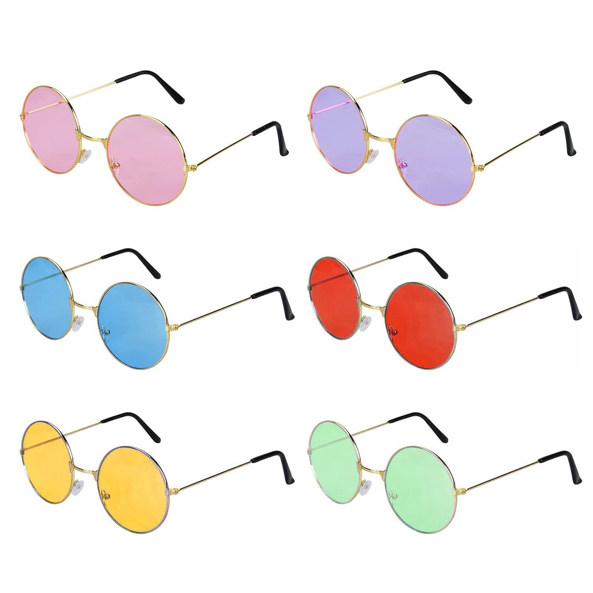 Dailygoods- Partybrillen Set van 6 - Retro Bril - Vintage Ronde Bril - Hippie Zonnebril - Kleurrijke Glazen - Kostuumaccessoires