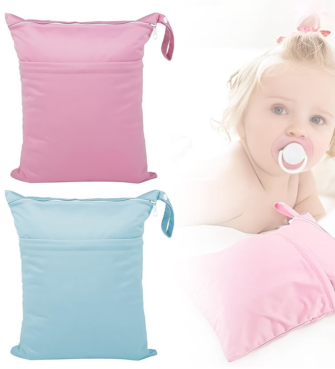 Dailygoods- Luiertas Waterdicht - Herbruikbare Luiers - Wetbag - Opbergzak - Voor Baby's - Afmetingen 30 x 36 cm - Lichtblauw/Roze