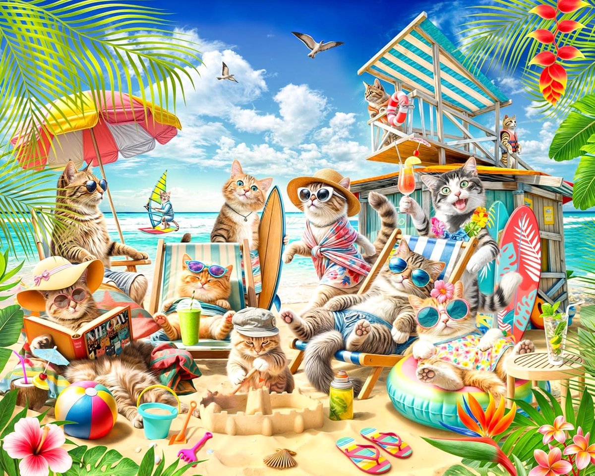 Strand Katten Puzzel - Kitten Puzzel Puzzelstukjes - Ontspanning Thuis - Unieke Vorm Puzzelstukjes - 76 x 61 cm - Multicolor