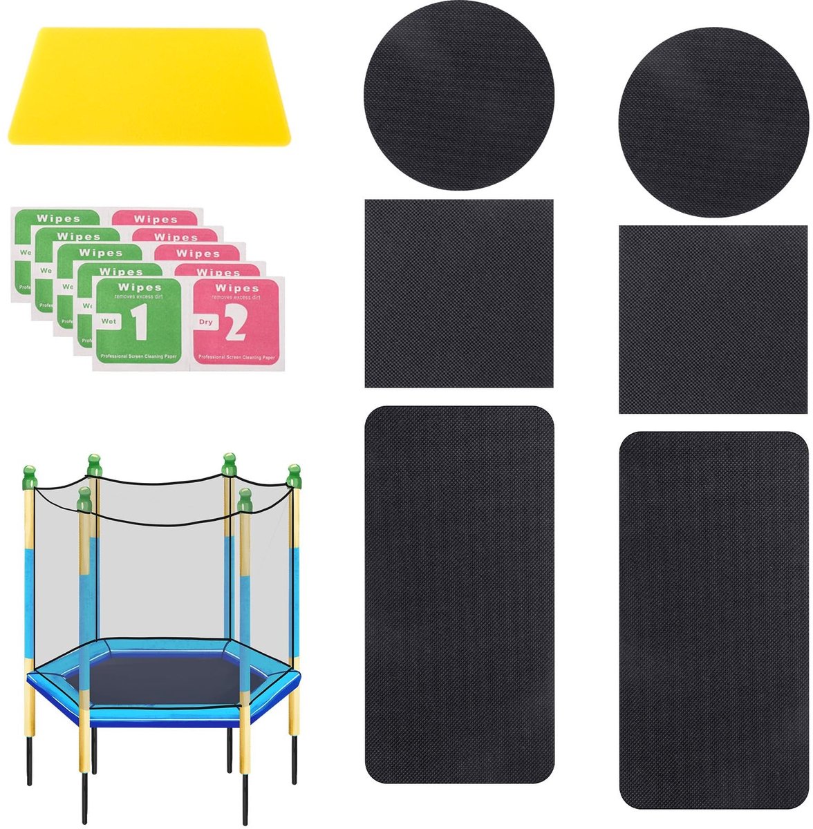 Dailygoods- Trampoline Reparatieset 6 Stuks - Zelfklevende Patches - Ronde/Vierkante/Rechthoekige Patches - Inclusief Schraper - TPE-Materiaal - Zwart - Trampolinepleisters
