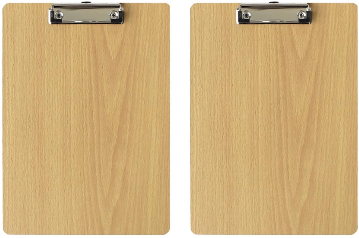 Dailygoods- Klembord A4 Hout - 2 Stuks - Draagbaar - Stabiele Veerklem - Verborgen Hanggaten - Hoogwaardige Vezelplaten - Schrijfbord