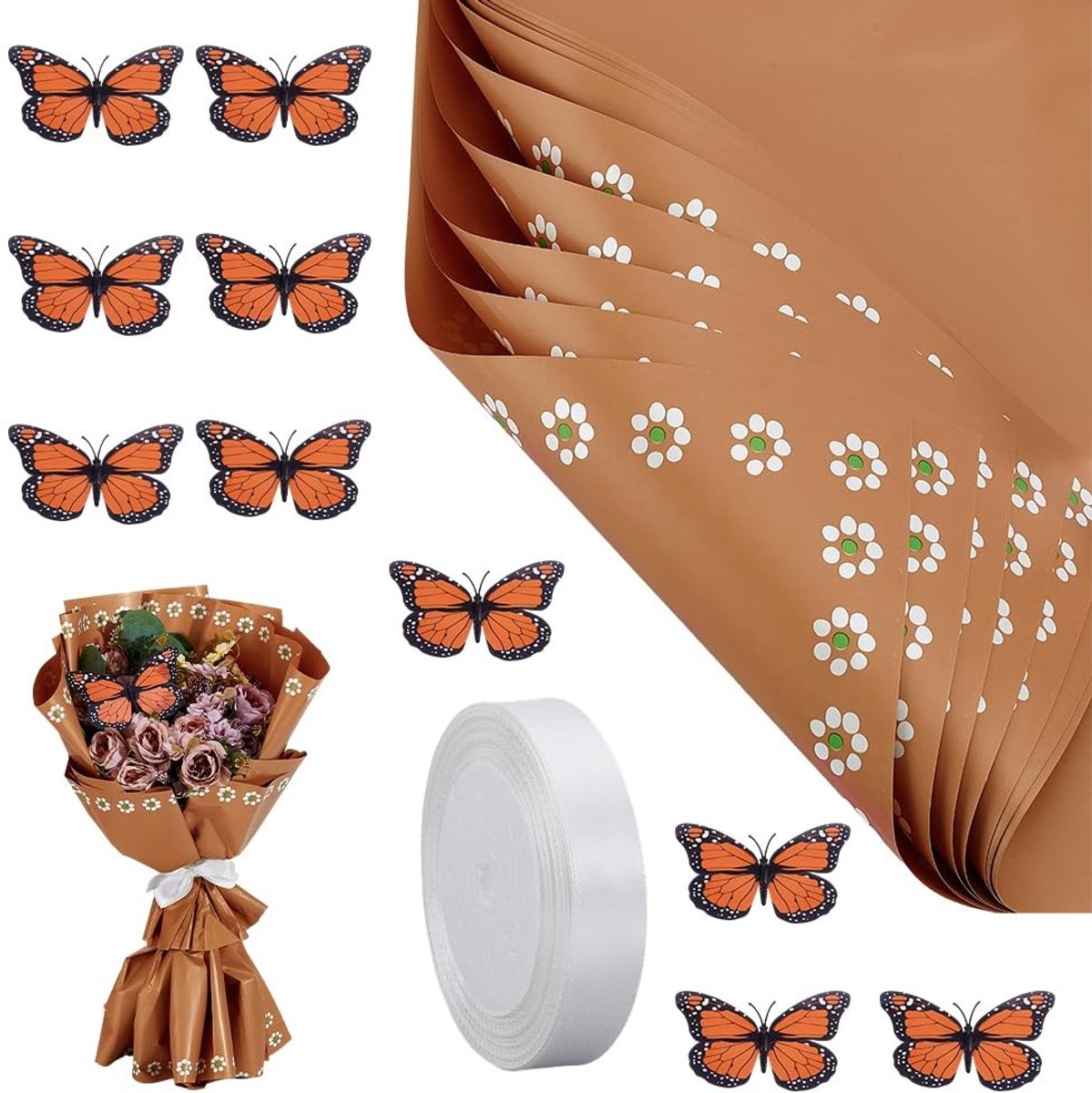 Dailygoods- Bloemencadeaupapier 25 Vellen - Waterdicht - Voor Bruiloften - Verjaardagen - Feesten - Inclusief Vlinderstickers - Cadeaupapier