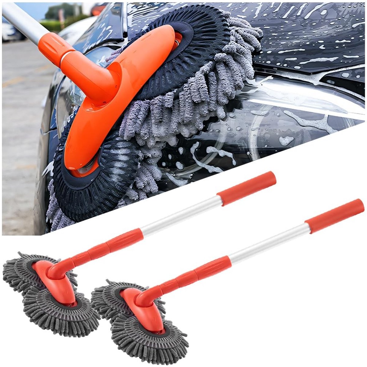 Dailygoods- Autowasmop Dubbel-Koppig - Autowasborstel met Steel - Microfiber Ruitenreiniger - Universeel Gebruik - 360 Graden Rotatie - Coral Fleece Materiaal