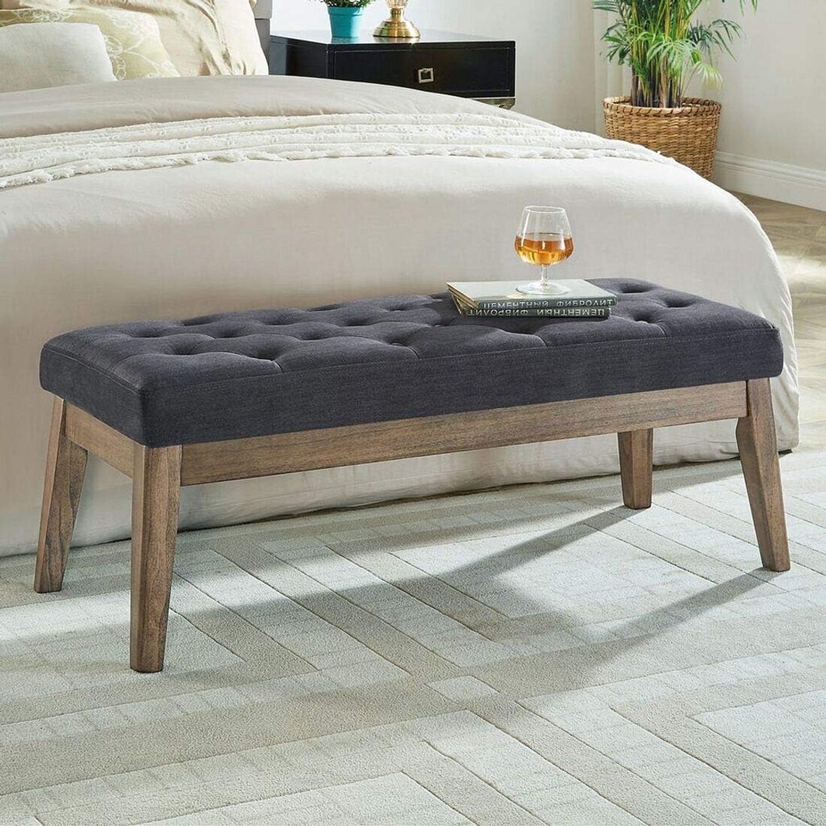 Gestoffeerde Zitbank - Ottomaanse Bank - Entree Inrichten - Massief Houten Frame - 109 cm - Middernacht