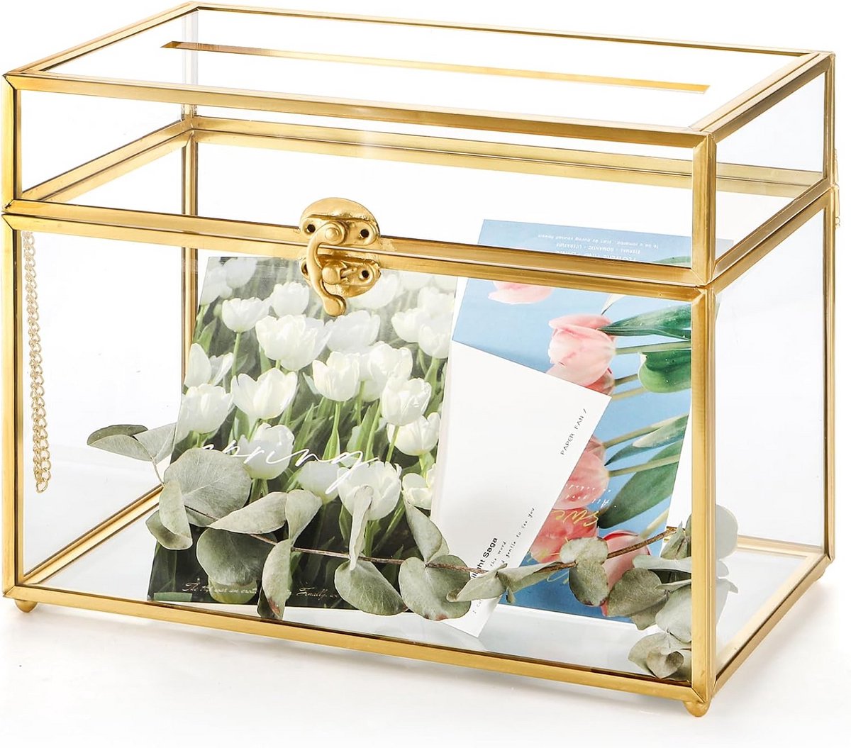 Glazen Trouwkaartendoos - Geschenkenhouder Vintage - Kaarten Verzamelen - Met Slot en Sleuf - 10" L x 5.5" B - Goud