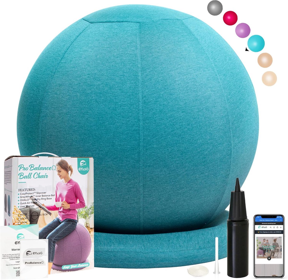 Gymnastiekbal - Zitbal Kantoor - Actief Zitten - Met Beschermhoes - 75 cm - Noordpoolblauw