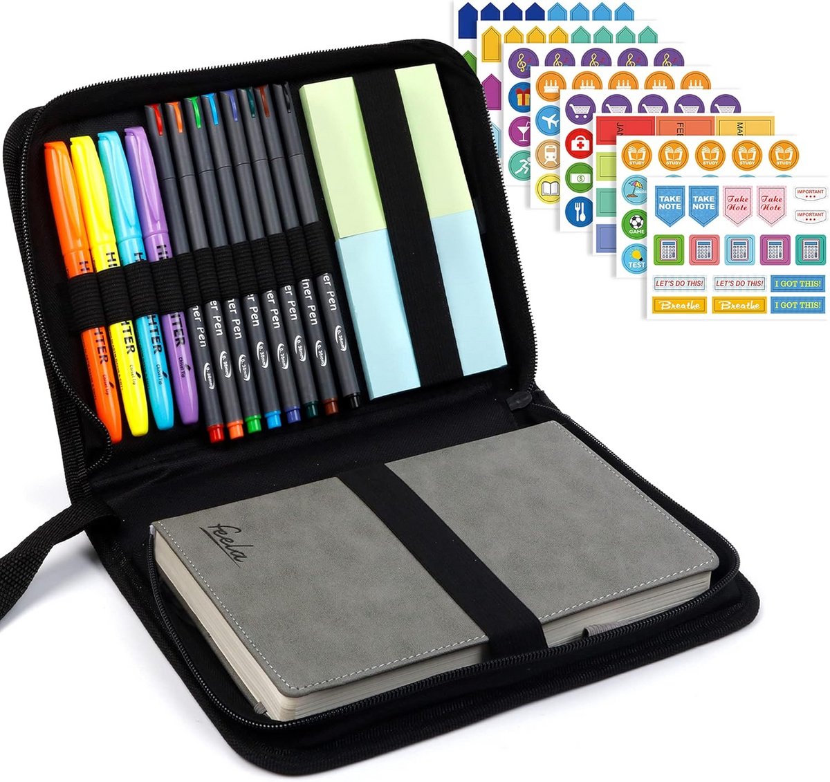 Ongedateerde planner - Academische notitieboek - Dagelijkse planning - Compleet met accessoires - A5 formaat - Grijs