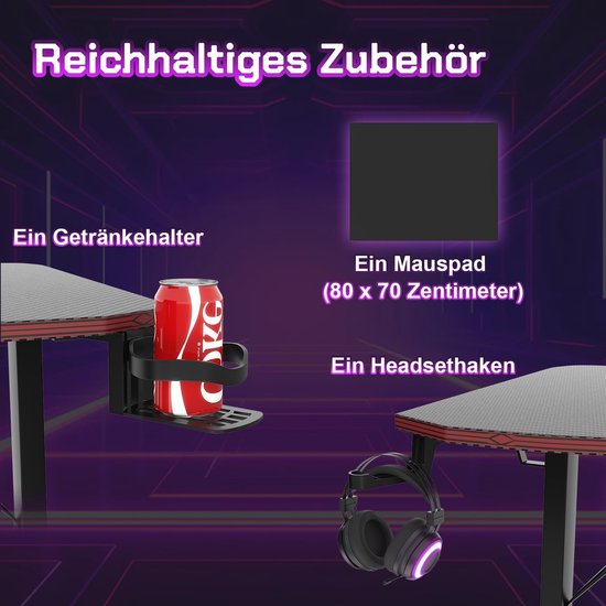 Gaming Tafel 180 x 60 cm - Zwart met Headsethouder en Beershouder van Merkloos — afbeelding 5