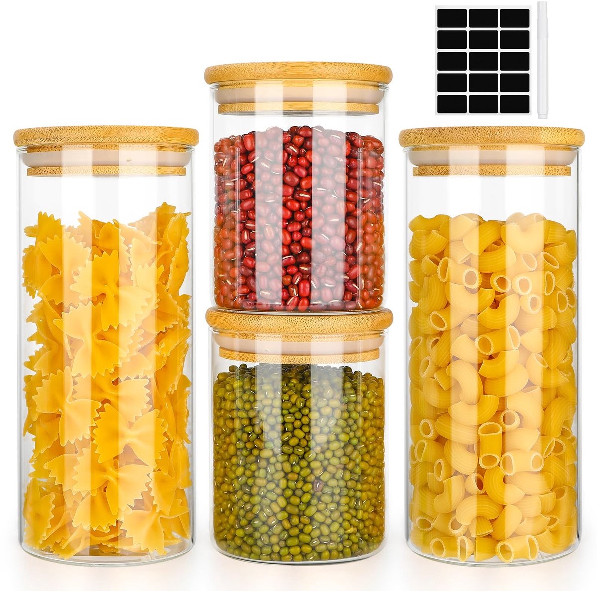 Dailygoods- Glazen Potten - Set van 4 - 2 x 900 ml + 2 x 500 ml - Luchtdicht - Bamboedeksel - Hoogwaardig Borosilica - Opbergpotten