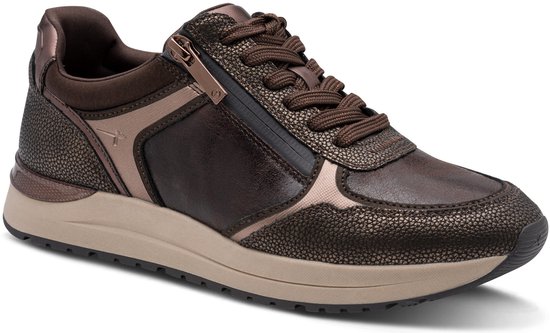 Bruine Tamaris sneaker met bronzen accenten, rits en veters.