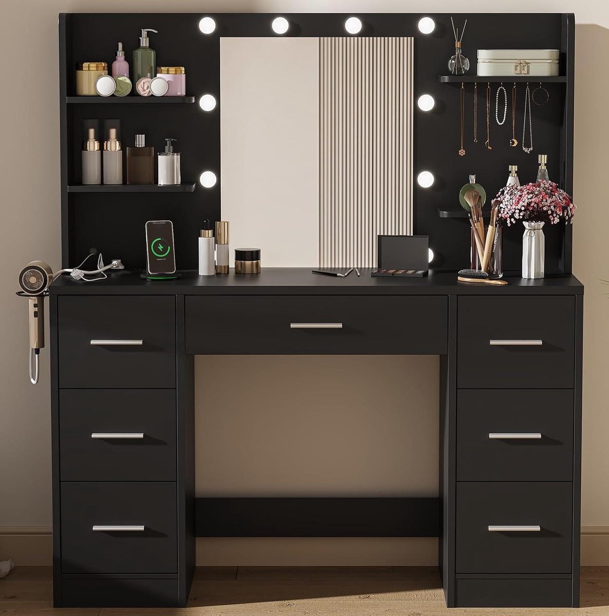 Make-uptafel met spiegel - Kaptafel - Snel opmaken - Geïntegreerd laadstation - 7 Laden - Zwart