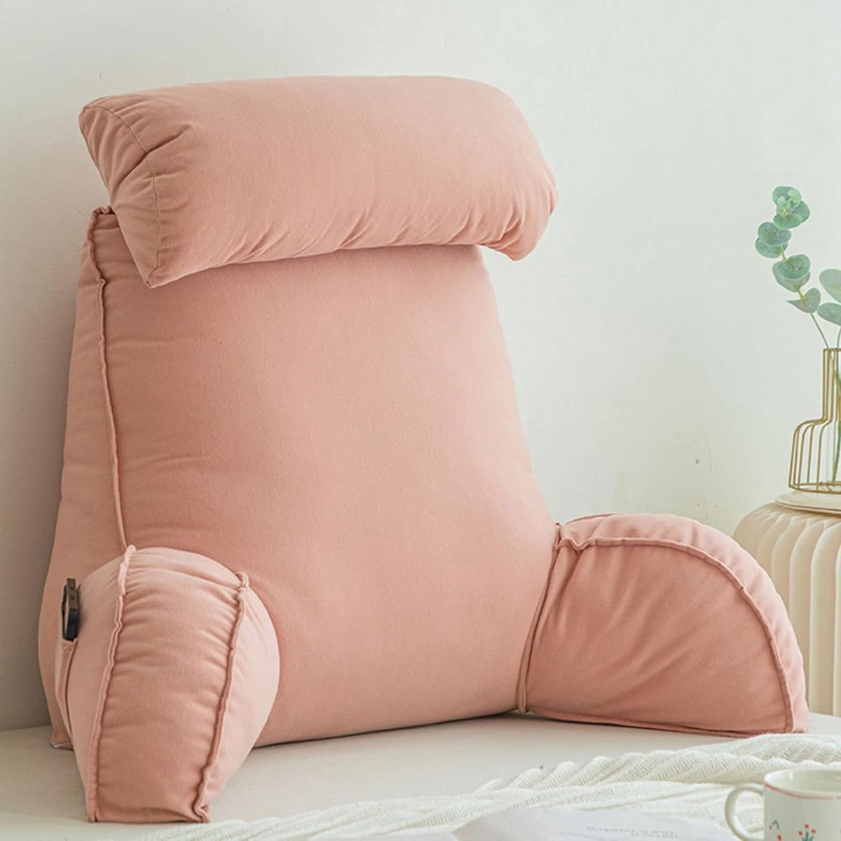 Leeskussen met armsteun - Rugsteun kussen - Comfortabel lezen - Zijvakken voor spullen - 75 x 40 cm - Champagne