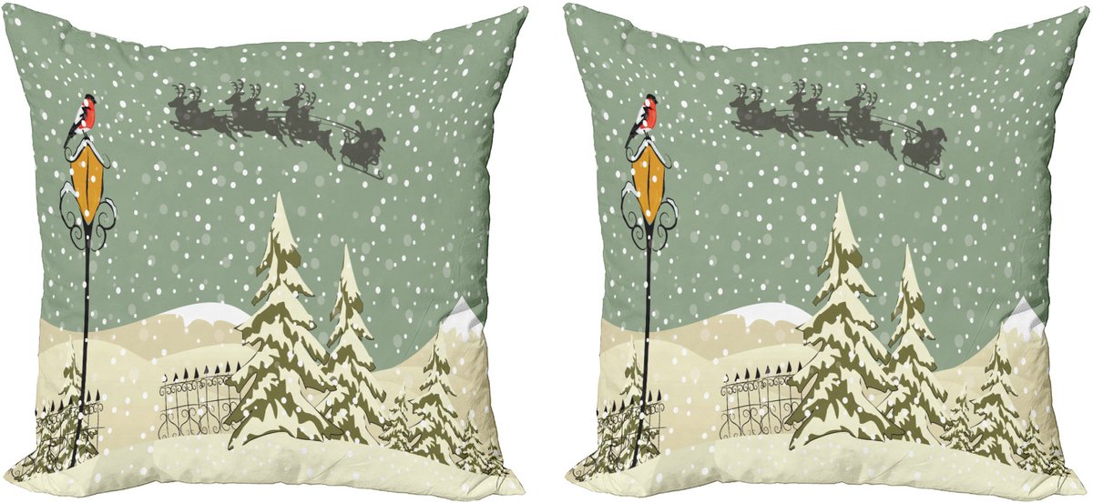 ABAKUHAUS Kerstkussenhoezen, set van 2, Kerstman en rendieren, moderne accenten, dubbelzijdige digitale print, 50x50 cm, beige groen wit