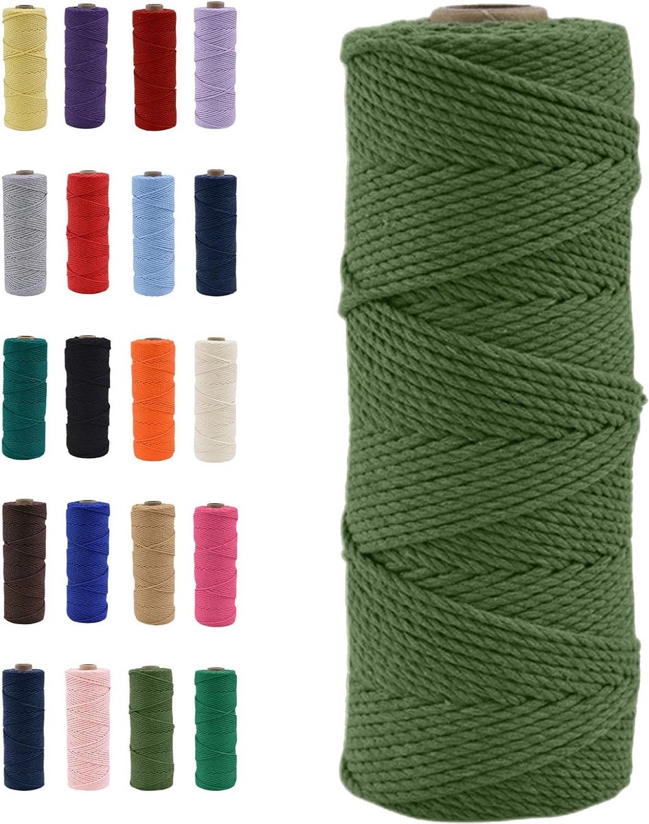 Natuurlijke Katoenen Macrame Touw 100m in Avocado Groen, Perfect voor DIY Projecten, Macrame Kunst en Cadeauverpakking