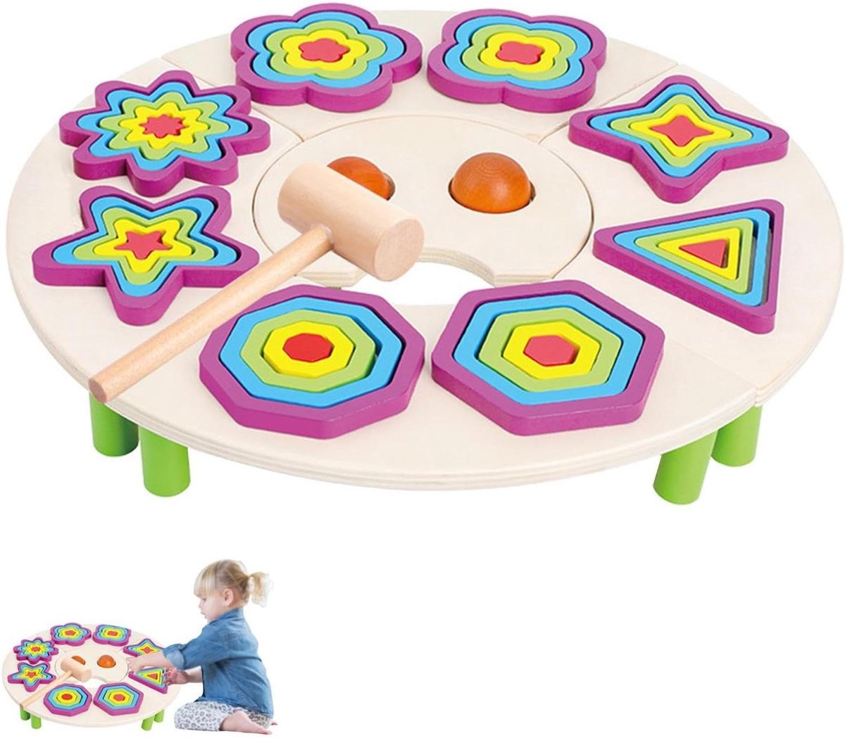Houten Puzzel - Leerspel Vormen - Vroege Ontwikkeling - 5-in-1 Educatief - 35x34x7 cm - Multicolor