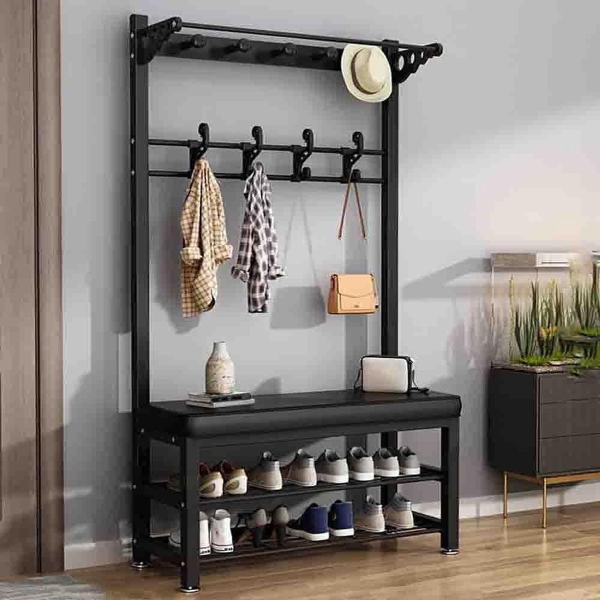 Kapstok Meubel - Entree Organizer - Hal Inrichting - Met Zitbank - 80 cm Breed - Wit Grijs