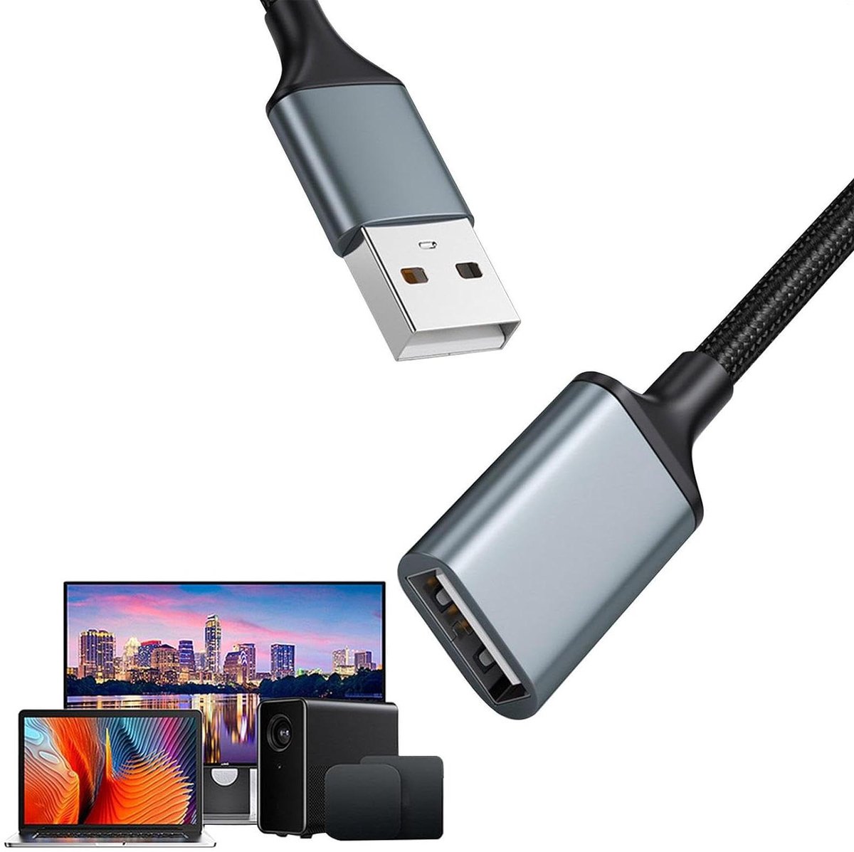 USB Kabel Verlenging - Verlengkabel - Apparaten Aansluiten - Nylon Gevlochten - 2 Meter - Zwart
