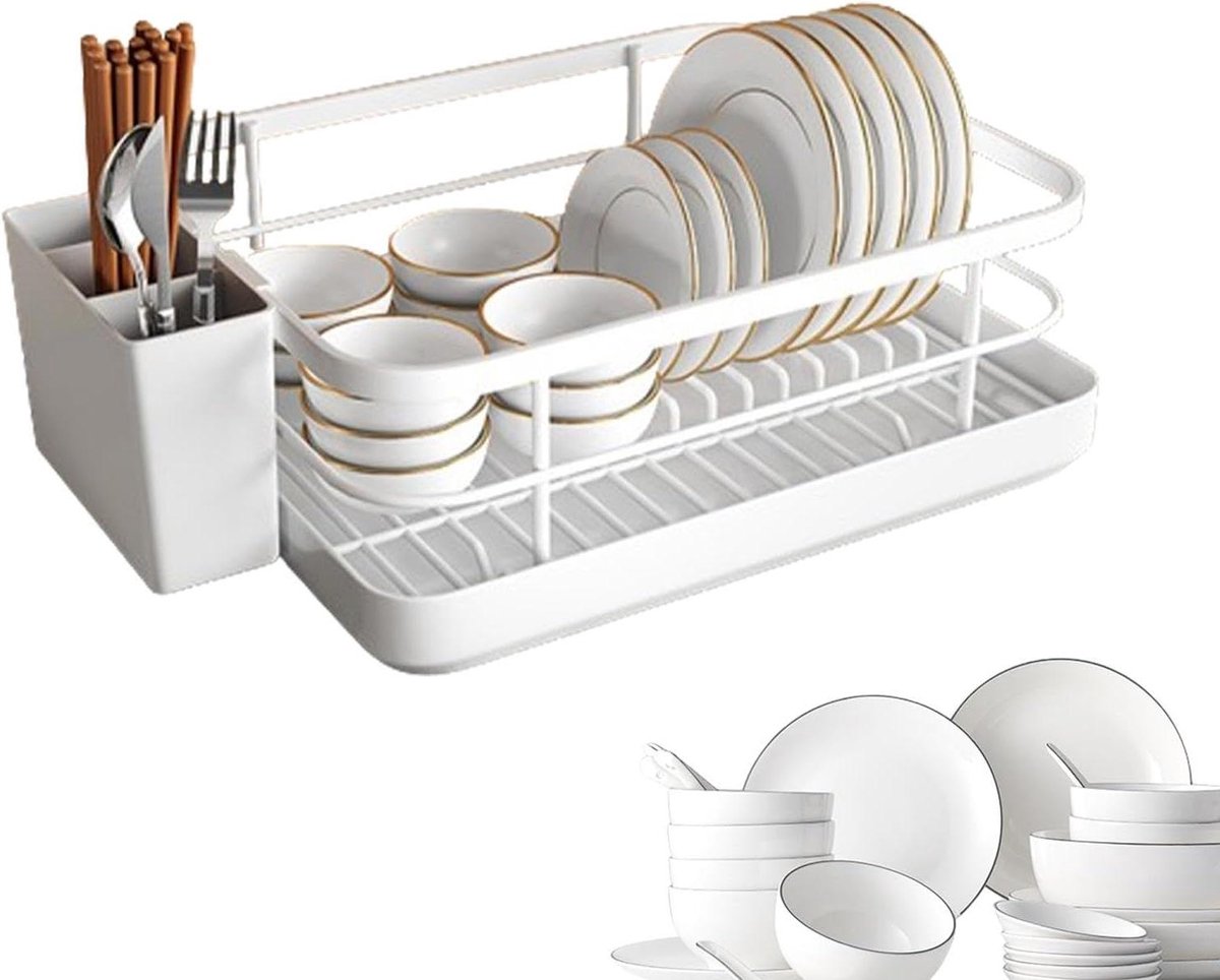 Keukendroogrek - Servies organizer - Keuken opruimen - Met bestekhouder - 34 x 26 x 16 cm - Wit
